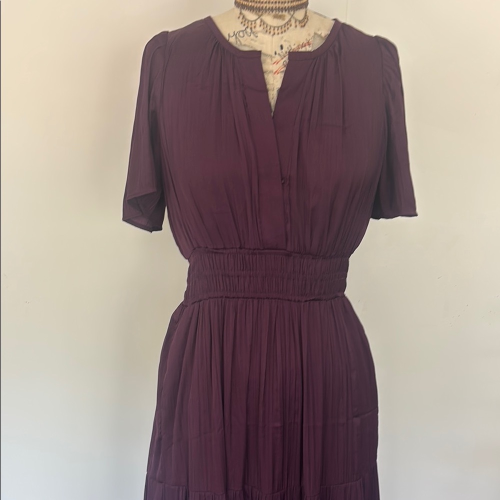 Anthropologie Purple Pleated Midi Dress V-Neck Short Sleeve